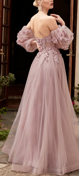 MAUVE LAYERED TULLE Formal evening gown WITH Detacable SLEEVES, floral design - Picture 5 of 7